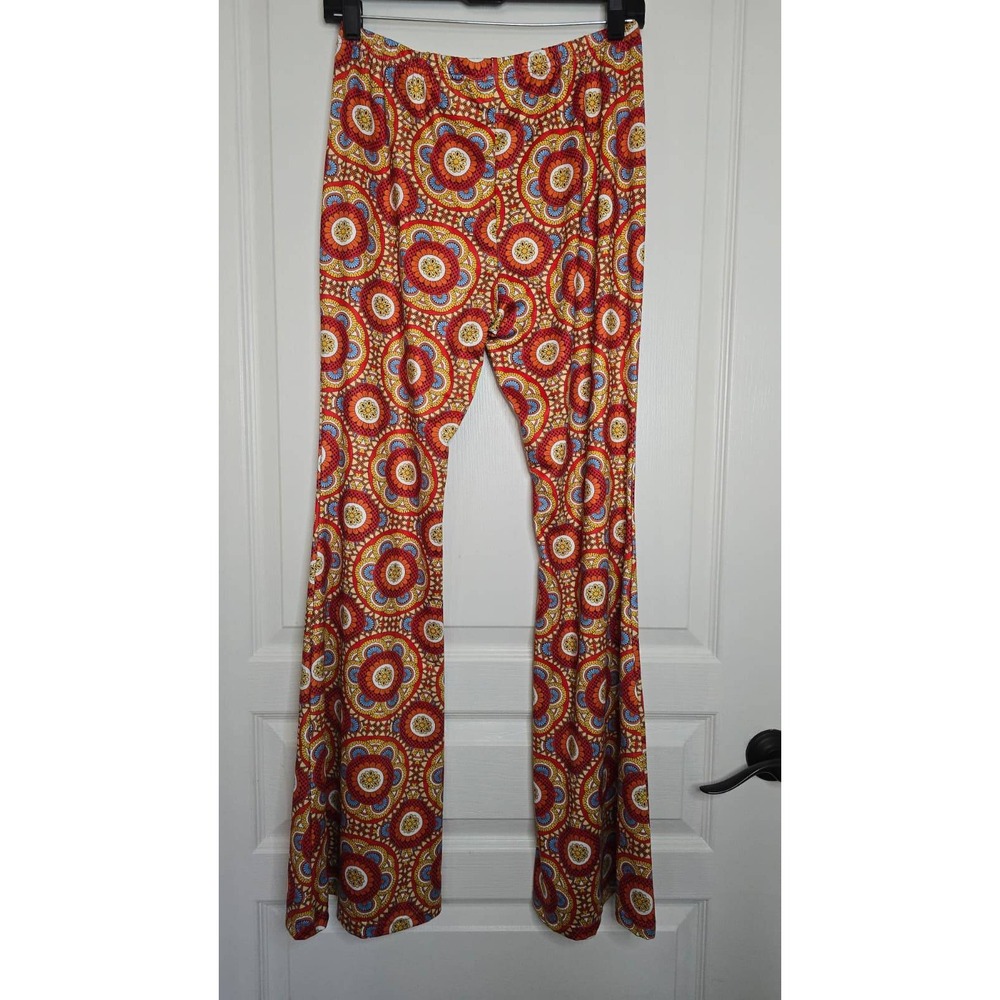 Shein Womens Large Red Orange Medallion Print Flare Leg Boho Stretch Pants L